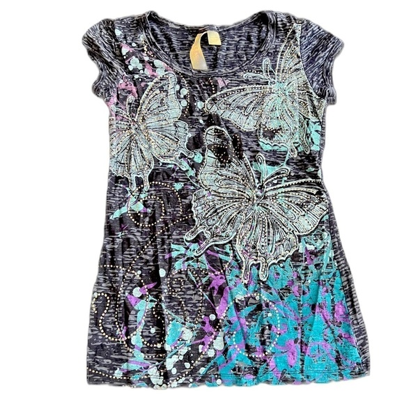 Fresh Brewed Size Large Embellished Butterfly Short Sleeve Tee Boho - Picture 1 of 6